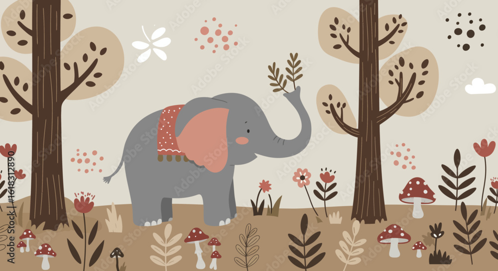Poster elephant in whimsical forest illustration: a whimsical illustration of a cute elephant in a stylized