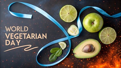 Photo of world vegetarian day is celebrated with fresh green fruits and vegetables like apples, avocados, and limes on a dark background