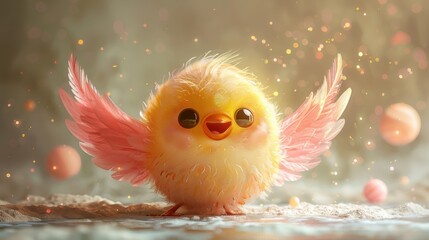 Adorable fluffy chick with pink wings and sparkling background