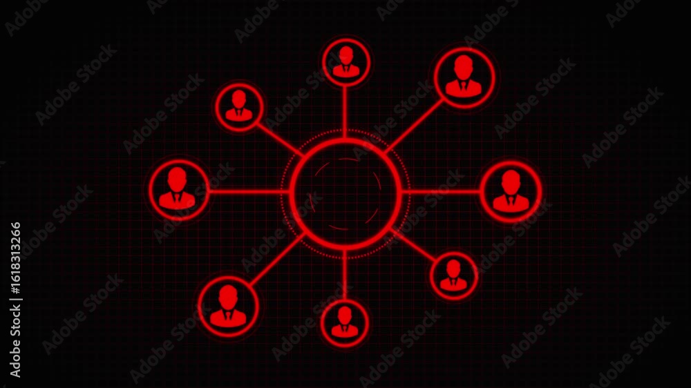 Poster animated network connection visualization with red glowing dots and lines on black grid