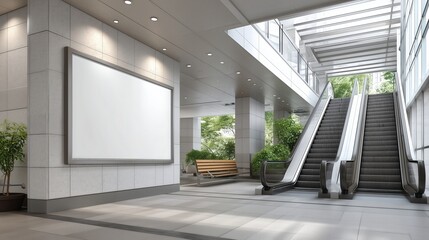 Modern interior view with escalators and empty advertisement board in a bright, open space filled with greenery.