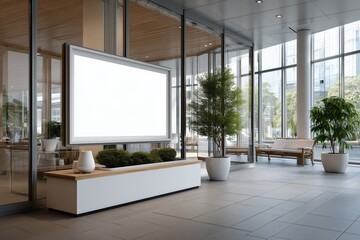 Modern interior with a digital display, showcasing a stylish, open space filled with greenery and natural light.