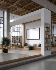 Modern library interior featuring large windows, stylish seating, and a minimalist design that inspires creativity and learning.