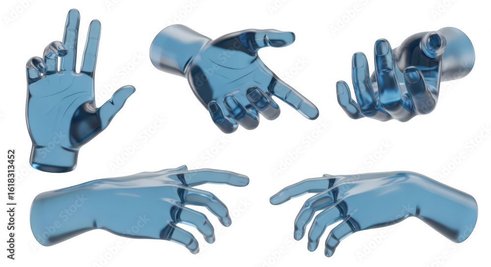 Poster five transparent glass hands displaying various gestures isolated on white background for design ele