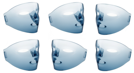 Multiple transparent face shields arranged in rows reflecting light White background Protective equipment display