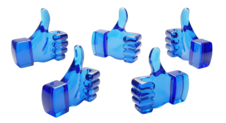 Five translucent blue thumbs-up display floating against a plain white background symbolizing approval support and social media engagement