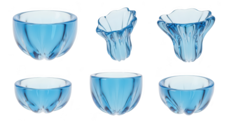 Six translucent blue art glass bowls arranged on a white background offering decorative elements for creative product promotion