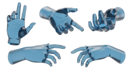 Five transparent glass hands displaying various gestures isolated on white background for design elements illustration or visual storytelling