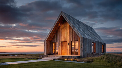Obraz premium Modern wooden cabin with warm lighting set in scenic coastal landscape at sunset, representing tranquility, architecture, solitude and sustainable living in nature.