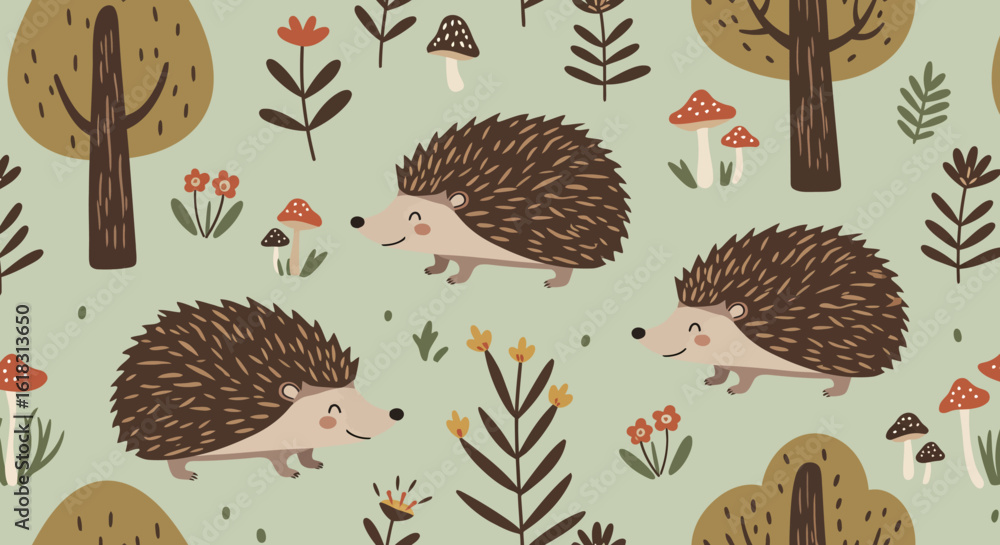 Poster hedgehogs pattern: a charming repeating pattern of adorable hedgehog illustrations, bringing a touch