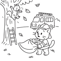 Cartoon cat firefighter holding a rescue blanket under a falling squirrel with a fire truck in the background. Fun and brave scene for childrens coloring book.