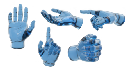 Five translucent blue glass hands in various gestures against a white background ideal for AI technology or futuristic concept design