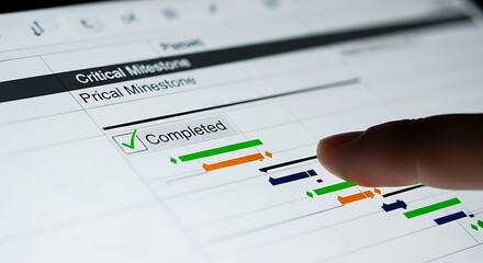 Achieving a critical milestone in project management. A person interacts with a Gantt chart on a touch screen device to mark a task as completed.