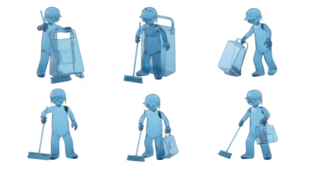 Cartoon janitor figures performing various cleaning tasks with equipment on a white studio background for illustrations