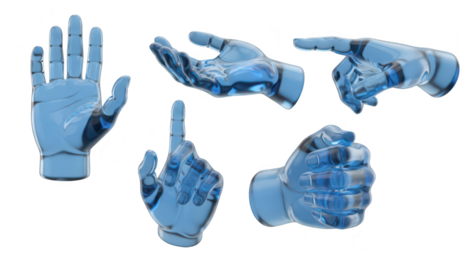 Five translucent blue glass hands in various gestures against a white background ideal for AI technology or futuristic concept design