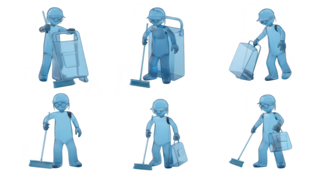 Cartoon janitor figures performing various cleaning tasks with equipment on a white studio background for illustrations