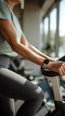 Close-Up of Senior Woman Exercising on Elliptical Trainer - Active Aging in Modern Gym Setting. Perfect for stock focused on senior wellness, fitness lifestyle, active aging, and healthcare marketing.