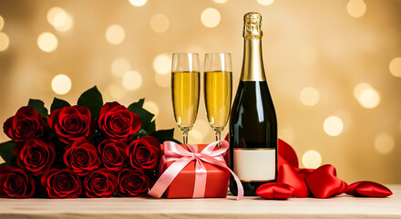 Romantic setup with roses and champagne.