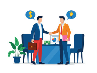 Two businessmen shaking hands to finalize a deal, exchanging an investment for a creative business idea.