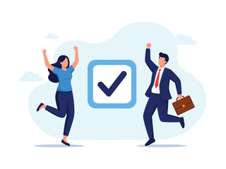 Joyful business people celebrate a completed task, jumping next to a large checkmark icon.