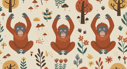 Playful Orangutan's Dancing Forest : Orangutans dancing in a playful manner in the natural setting. The vibrant forest offers an enchanting backdrop with a variety of flowers and mushrooms and trees.