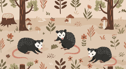 Opossum Illustration in Forest: A charming illustration of three opossums in a stylized forest setting, surrounded by detailed plants and mushrooms, adding to the overall whimsical effect.