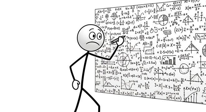 Stressed stick figure overwhelmed by complex mathematical equations on whiteboard