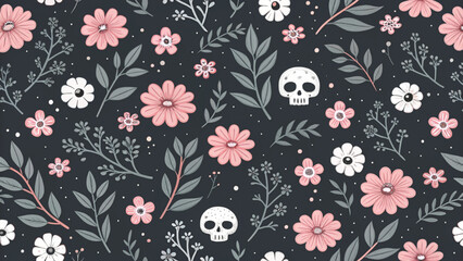 Seamless pattern with white skulls vector black background 