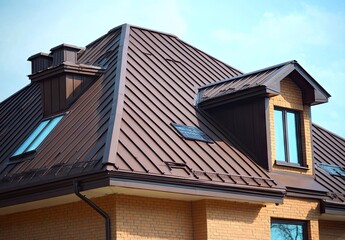 Fototapeta premium A metal roof with a dormer window on a residential building.