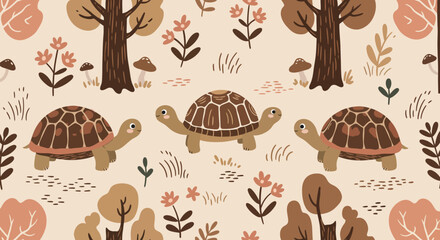 Tortoise Pattern: A seamless, charming pattern features adorable tortoises amidst stylized trees, flowers, and foliage in a warm, inviting color palette, evoking a sense of tranquility and whimsy.