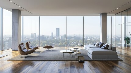 Modern minimalist living room with city skyline view in daylight