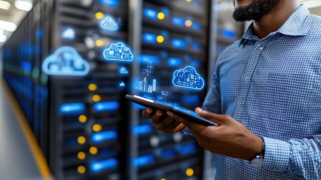 Confident cloud infrastructure engineer in futuristic server room with glowing blue indicators and digital cloud icons in the air. Data scientist