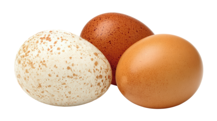 Three different colored eggs with smooth and speckled shells