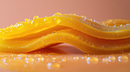 Close up of wet mango slices with water droplets showcasing texture and freshness.