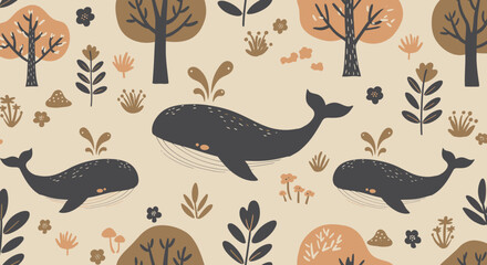 Whale pattern: An eye-catching pattern of whales, trees, and flowers. A captivating scene where gentle giants of the sea interact with the serene beauty of nature.