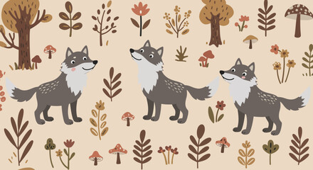 Wolf Cartoon Illustration: Charming illustration of wolves amidst a backdrop of botanical elements, creating a whimsical woodland scene.