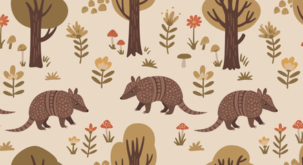 Armadillo Pattern: An illustrated pattern featuring multiple armadillos amidst trees, flowers, and mushrooms, presented in a seamless, repeating design evoking a sense of nature and whimsy.