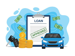 Naklejka premium Illustration of an approved car loan application with a blue vehicle, cash, and keys.