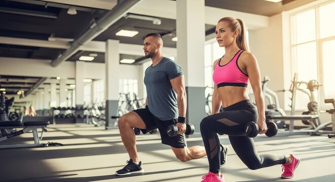 Happy athletic couple exercising with hand weights in lunge position in gym.