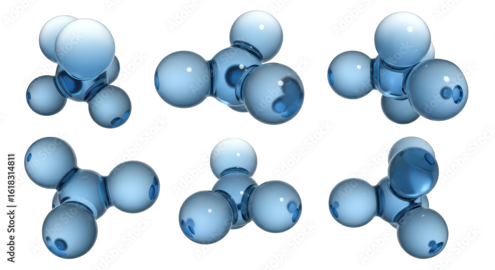 Poster rendered molecular models of water displayed from different angles on a white background useful for 