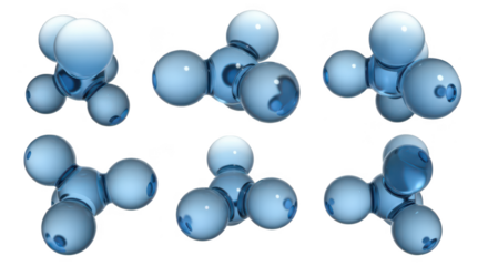 Rendered molecular models of water displayed from different angles on a white background useful for scientific or educational purposes