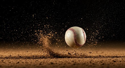 A baseball suspended in mid-air, kicking up dust from the ground against a dark background.