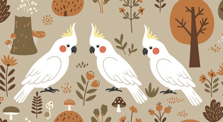 Three Cockatoos Amidst Nature's Embrace: Charming illustration of three white cockatoos amidst an array of detailed forest elements, creating a delightful and serene atmosphere.