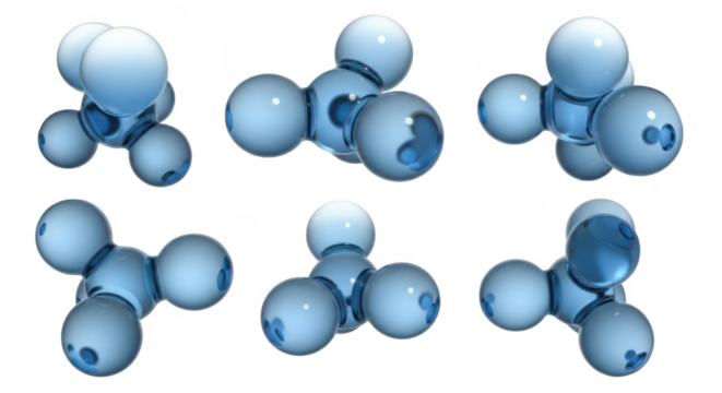 Rendered molecular models of water displayed from different angles on a white background useful for scientific or educational purposes