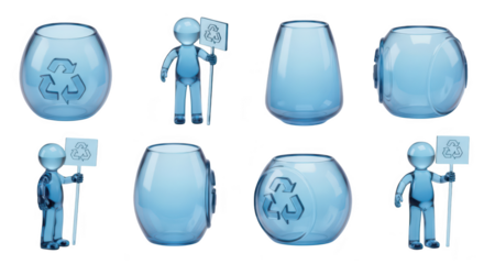 Transparent glass containers and a figure holding recycle signs promote eco-consciousness against a white backdrop Used for environment protection