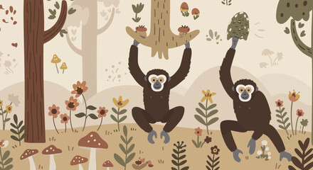 Playful Gibbons: Two gibbons swing joyfully amidst a whimsical woodland backdrop, full of flowers and mushrooms, capturing the playful spirit of the jungle.