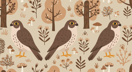 Patterned Peregrine Falcons: A delightful pattern showcasing three detailed peregrine falcons set amidst a stylized forest scene filled with trees, mushrooms, and flora.