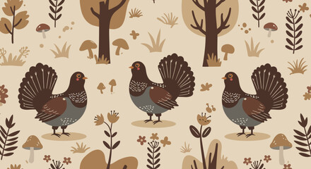 Woodland Birds Pattern: A stylized illustration of vibrant birds amid an intricate arrangement of flora and foliage, set in a serene woodland scene, evokes feelings of the serene forest environment.