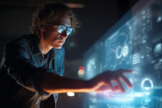 Futuristic interface interaction by young developer using augmented reality touchscreens in dark tech environment – digital innovation and high-tech concept

