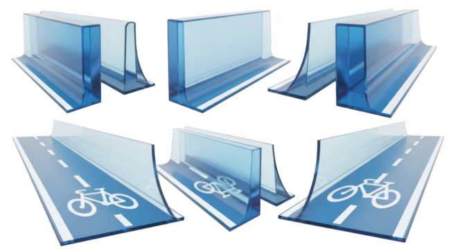 Blue glass barriers showcasing bike lanes on white used for design transportation or illustration